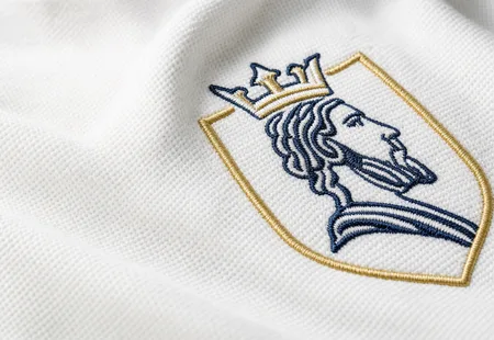 Gesticktes Wappen in Marine und Gold, Nahaufnahme