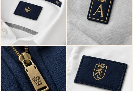 Gewebtes Label, Ärmelabzeichen und Zipper mit Prägung