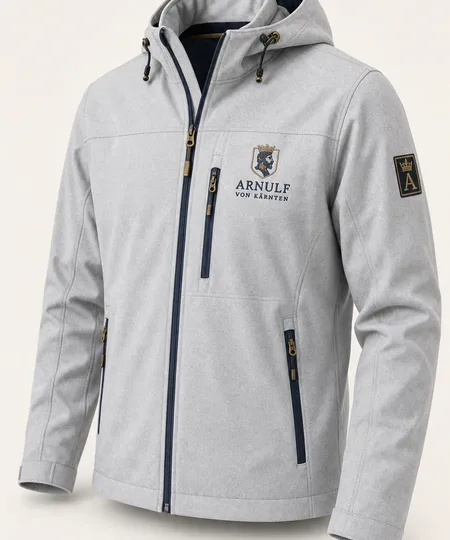 Hellgraue Softshelljacke mit Kapuze und gesticktem Logo