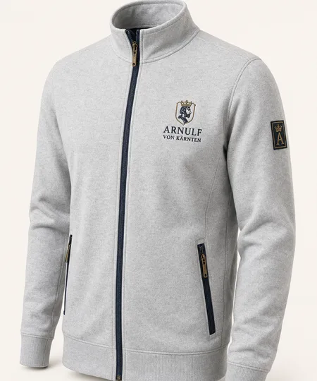 Hellgraue Sweatjacke mit Stehkragen und gesticktem Logo
