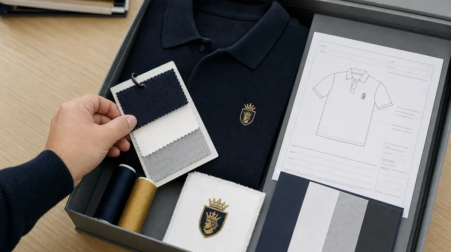 Geöffnete Archivbox mit Strickmuster, Stoffkarten, Garnen und Stickprobe