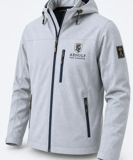 Hellgraue Softshelljacke mit Kapuze und gesticktem Logo