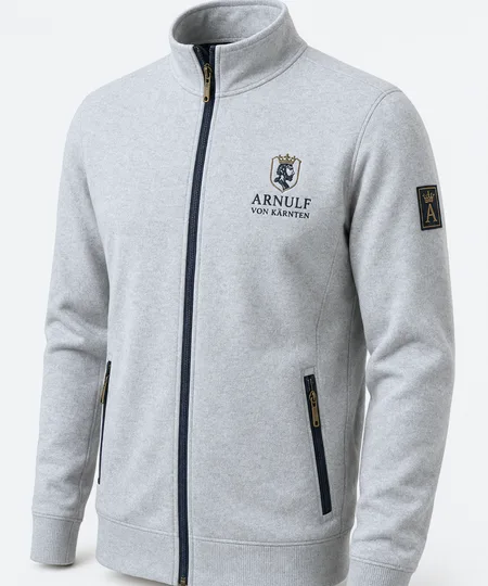 Hellgraue Sweatjacke mit Stehkragen und gesticktem Logo