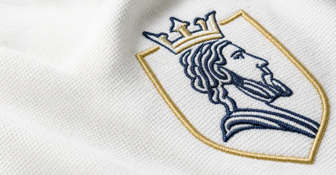 Gesticktes Wappen von Arnulf von Kärnten auf weißem Piqué
